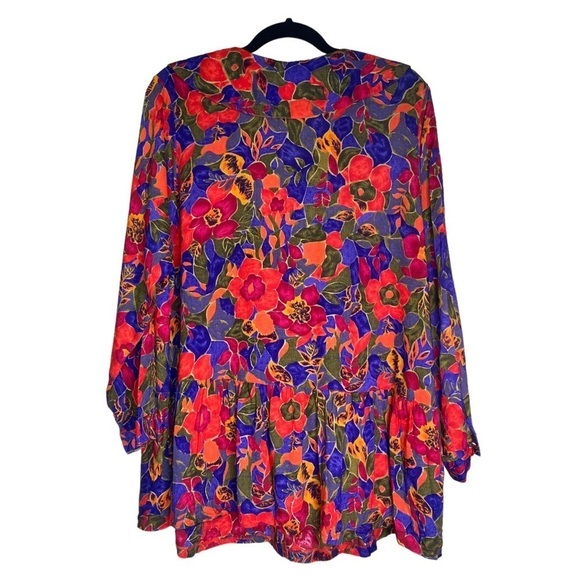 Vintage Oversized Collar Long Sleeve Red Floral Tunic Sz Med - Picture 2 of 7